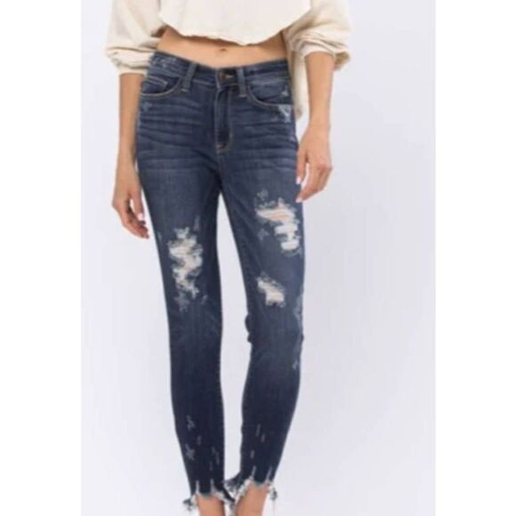NWT Judy Blue Mid-Rise Raw Hem Destroyed Skinny Jeans sz 11/30 - Picture 1 of 5